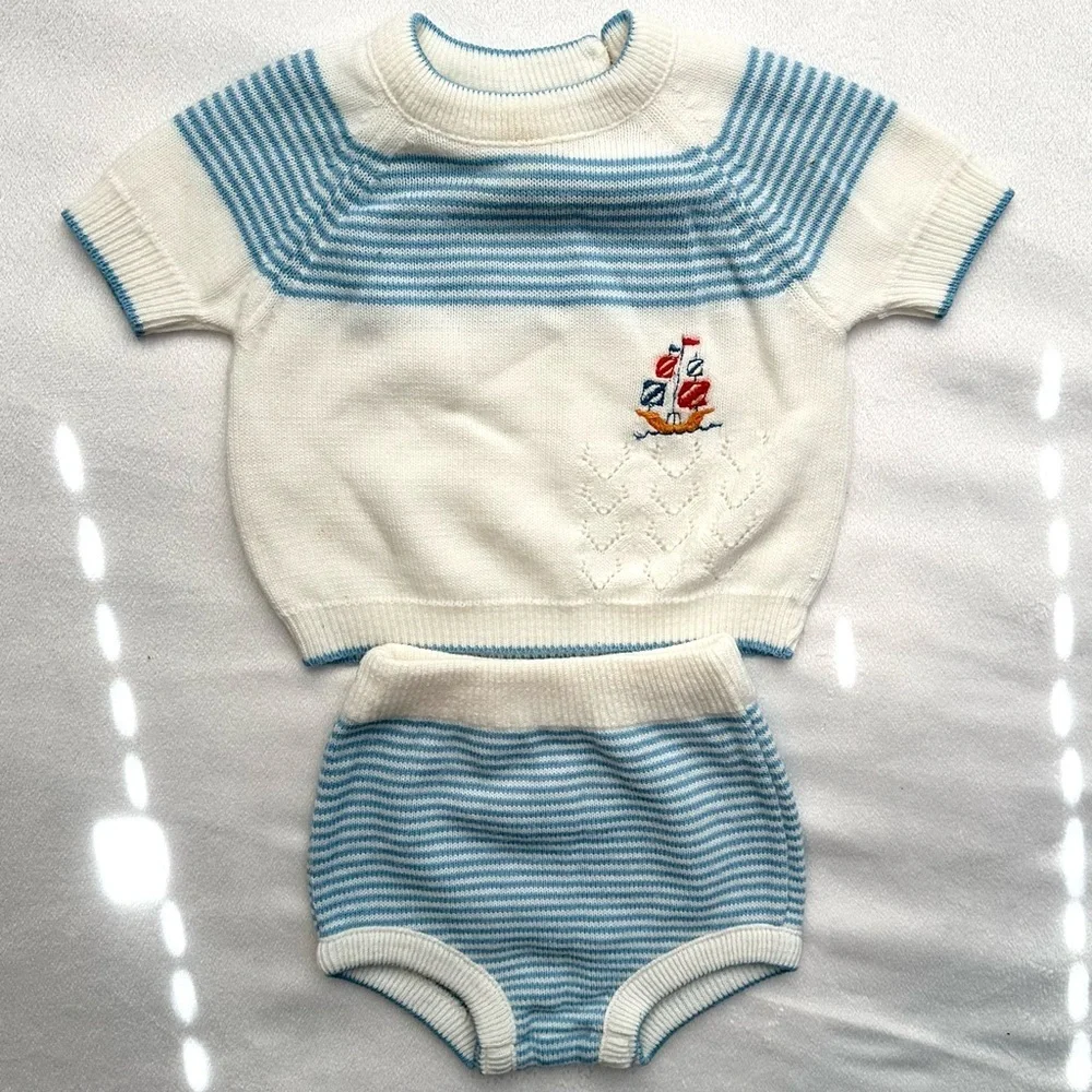 Vintage Miniatures in Fashion 2pc Set Baby Boy Knit Ship Outfit 0-3M Blue Ivory